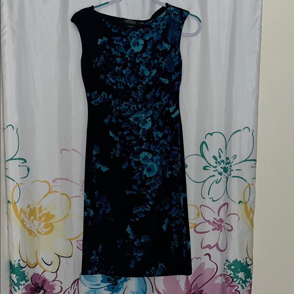 Ralph Lauren Black and Blue Floral Sheath Midi Dress